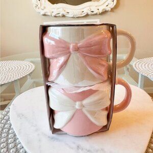 🎀 PINK + WHITE Iridescent Bow Mug Set of 2 NEW